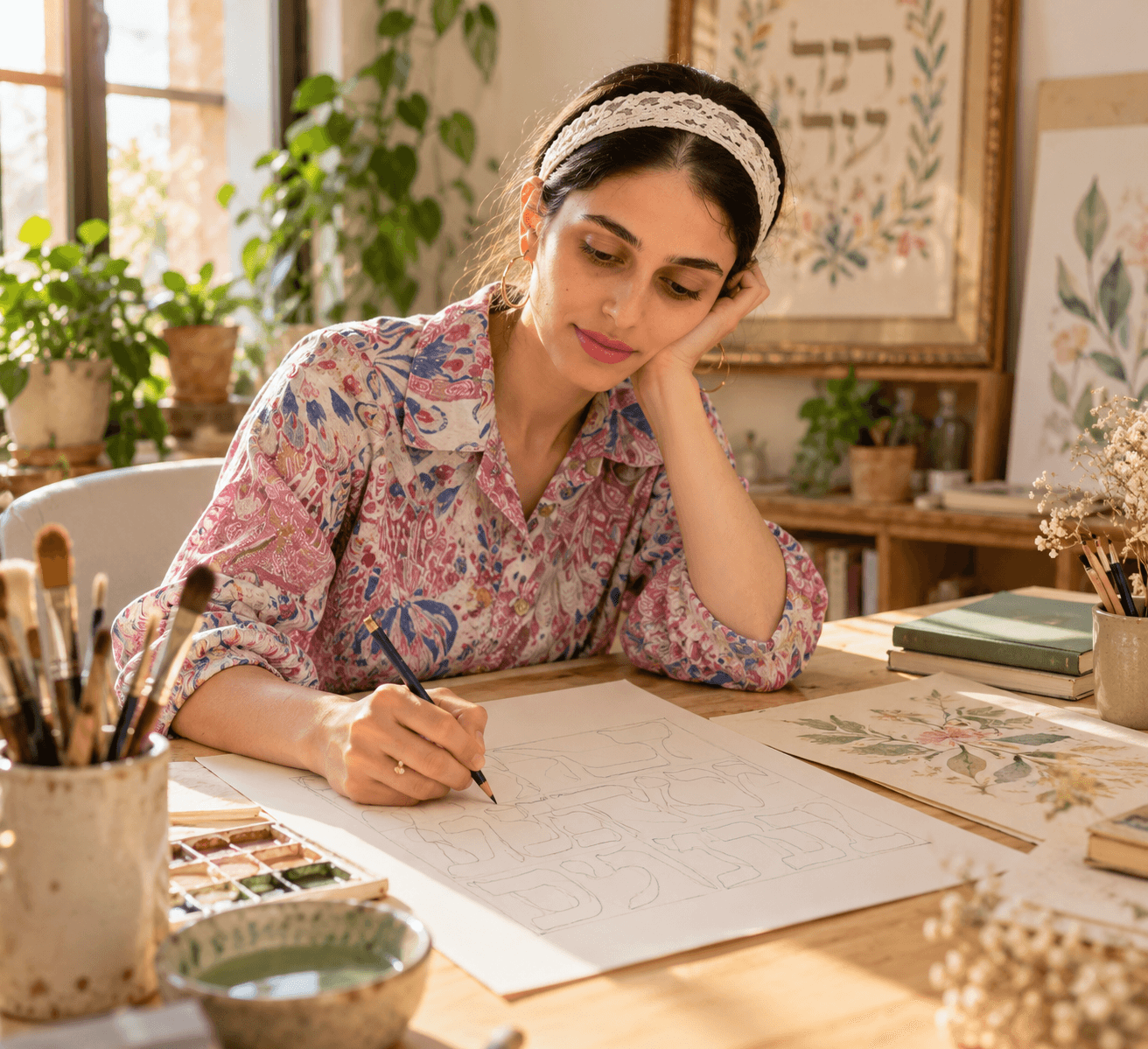 נעמי בסטודיו, נשענת ליד שולחן העבודה ומתבוננת בסקיצה של אותיות